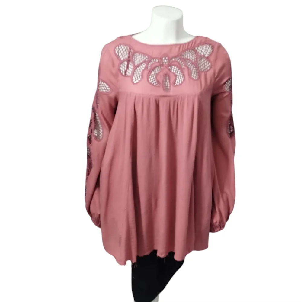 Free People Women's Gauze Lattice Whimsical Fairy Boho Mini Dress Size XS Oversi